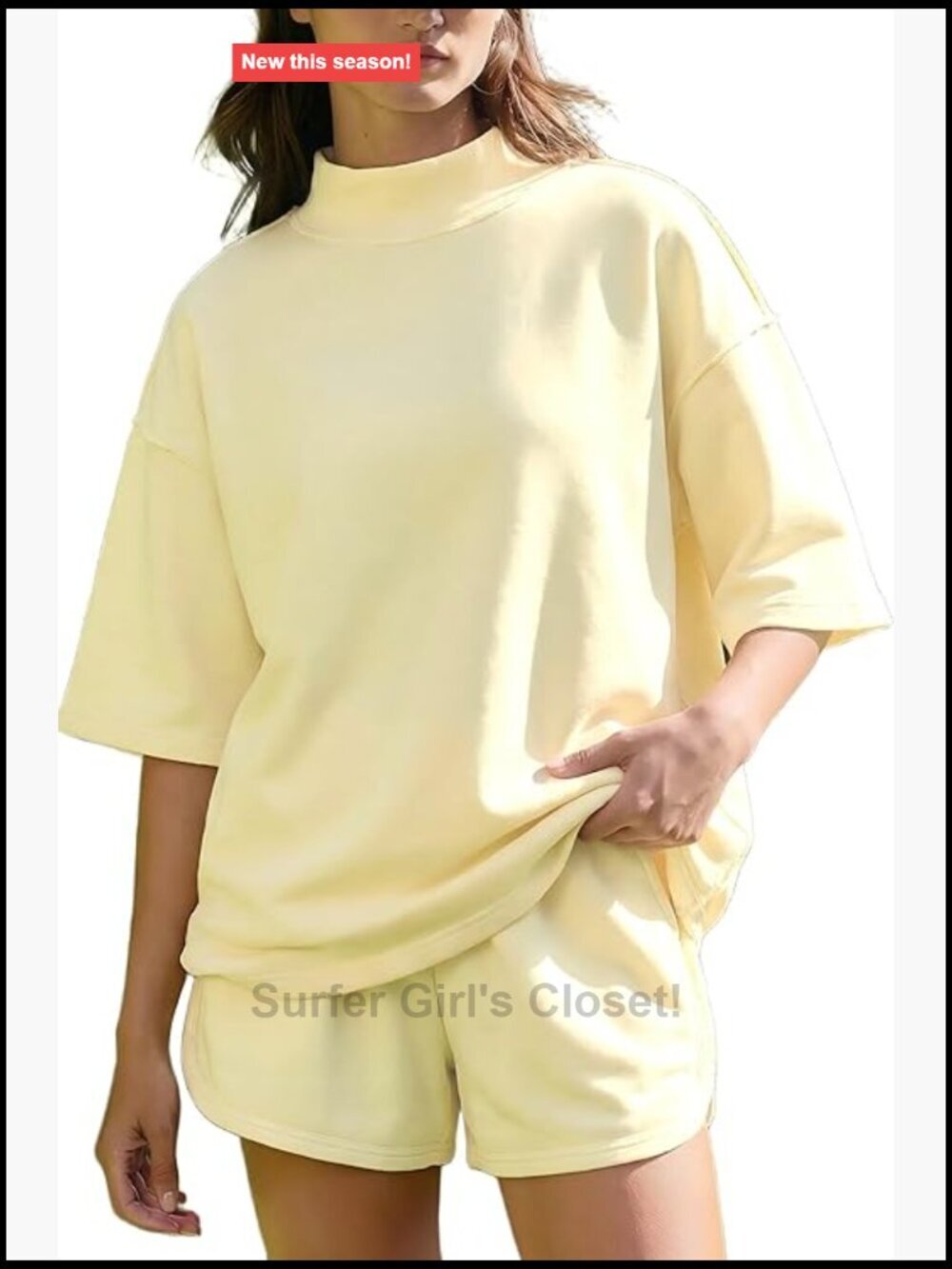 2 Piece Casual Outfit Oversized Mock Neck Tee and Shorts with Pockets Summer